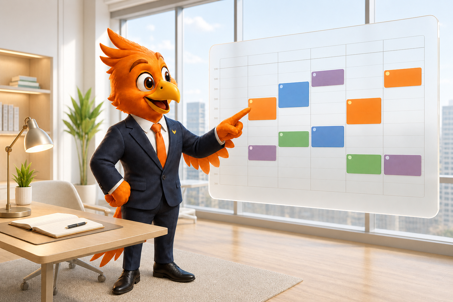 Mascote da Fênix organizando os horários da agenda
