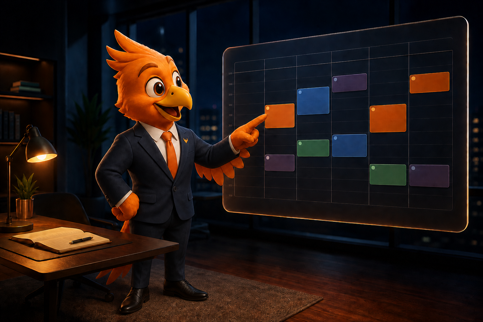 Mascote da Fênix organizando os horários da agenda
